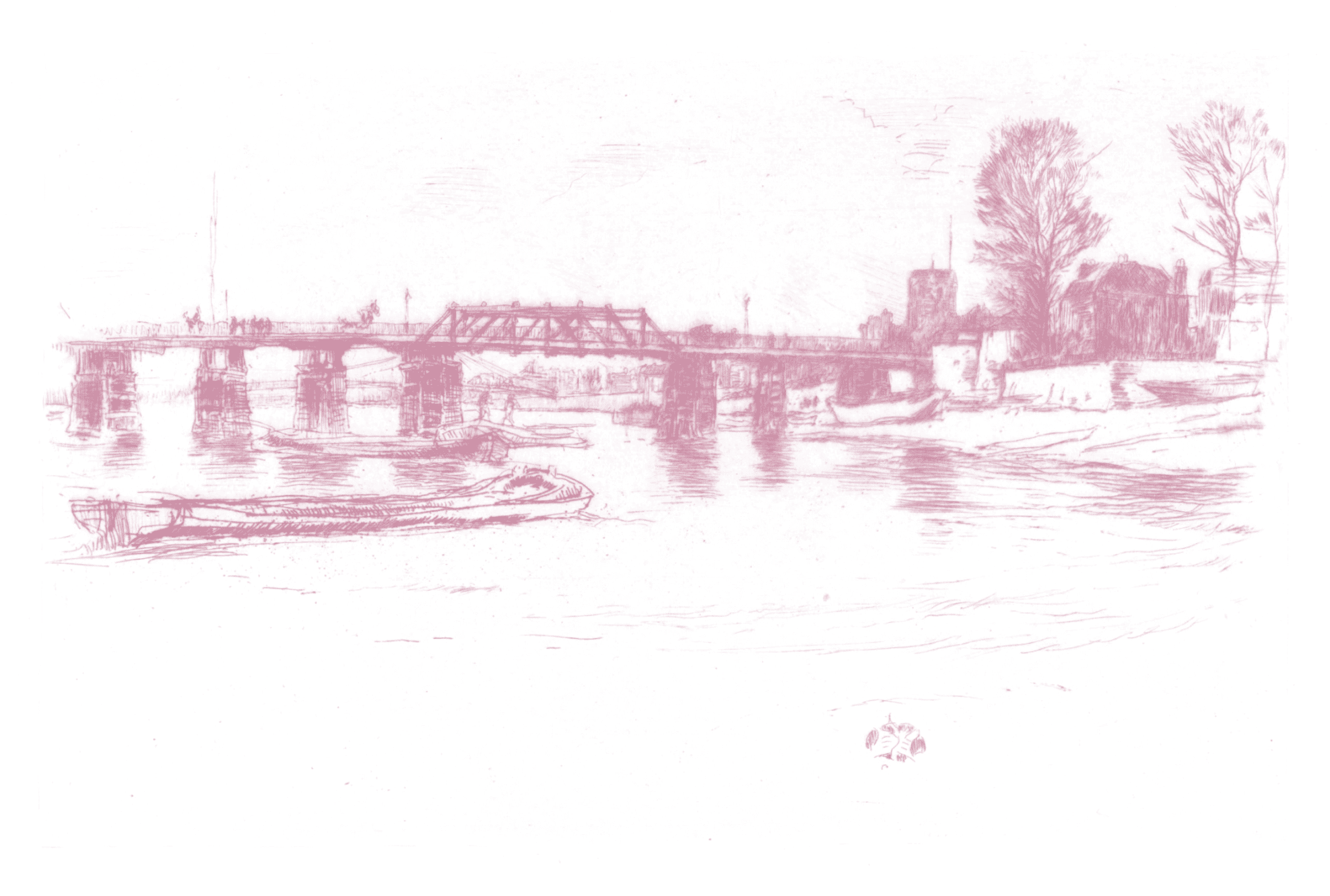 A line drawing in dark red of a bridge and water