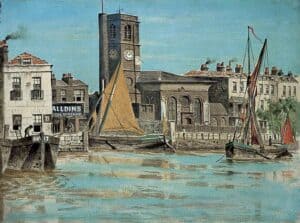 Greaves, Walter, 1846-1930; painting of Chelsea Parish Church, from across river thames