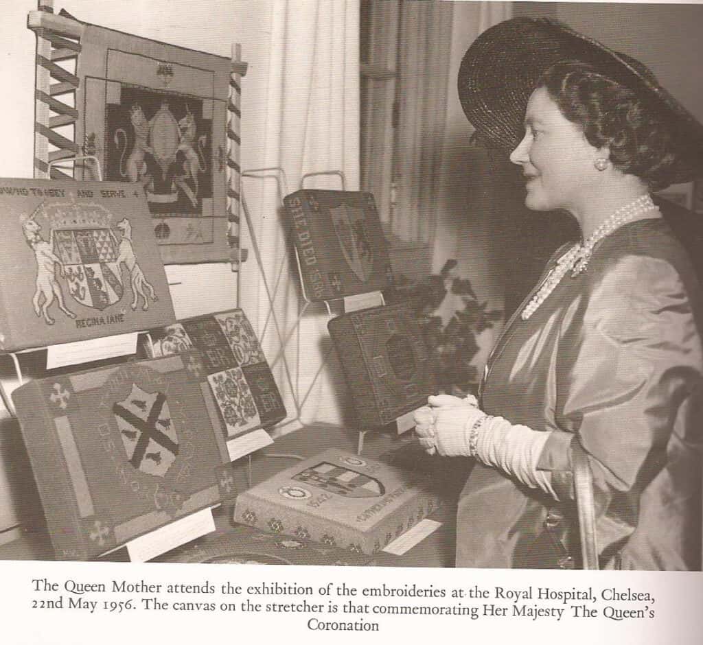 The Queen mother admiring the kneelers in the Royal Hospital, Chelsea