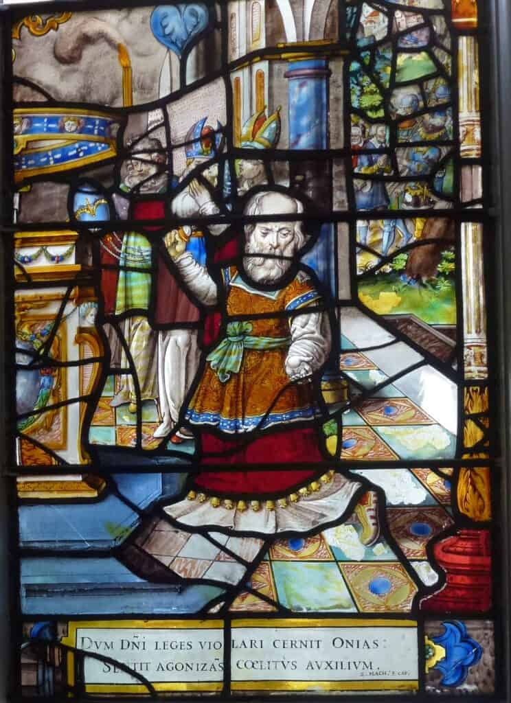 Stained glass window - Onias, the high priest at the Temple of Jerusalem, faces up to Heliodorus and his bodyguards