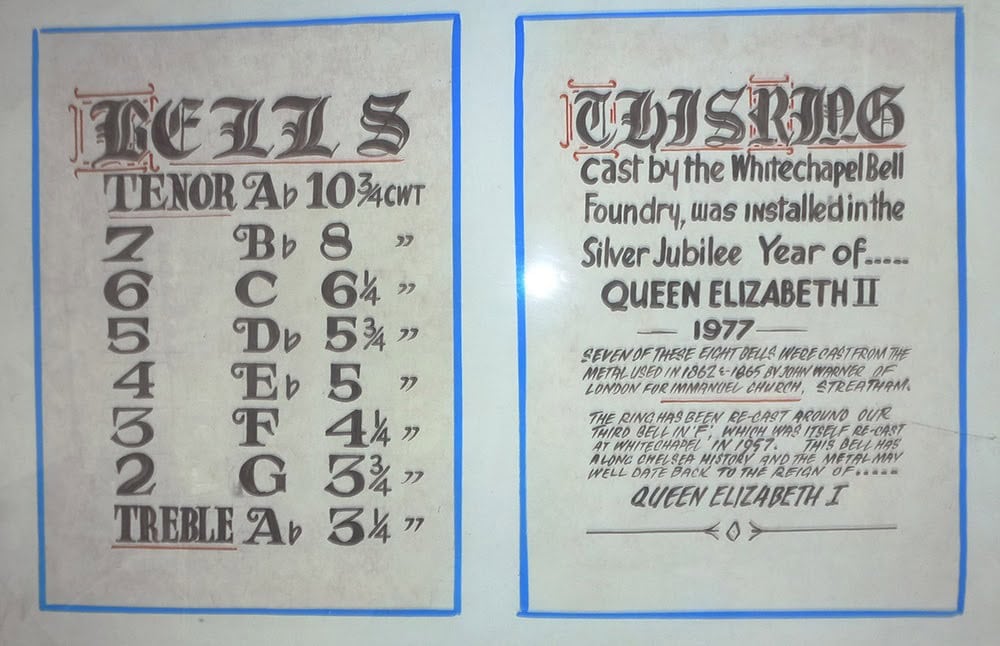 2 posters, one listing the 8 bells the other whitechapel bell foundry certificate stating that the metal could have come from a bell cast during reign of Elizabeth the first
