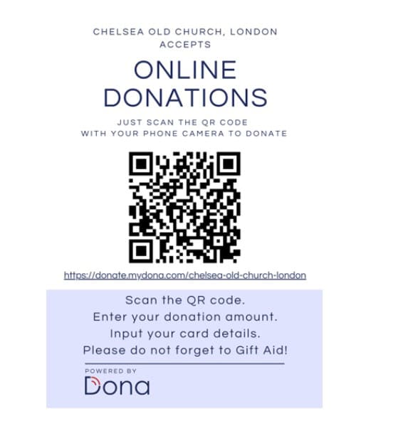 QR code for online donations, which links to https://donate.mydona.com/chelsea-old-church-london