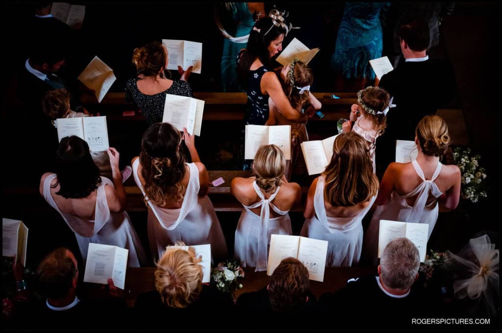 Overhead view of bridesmaids in the congregation